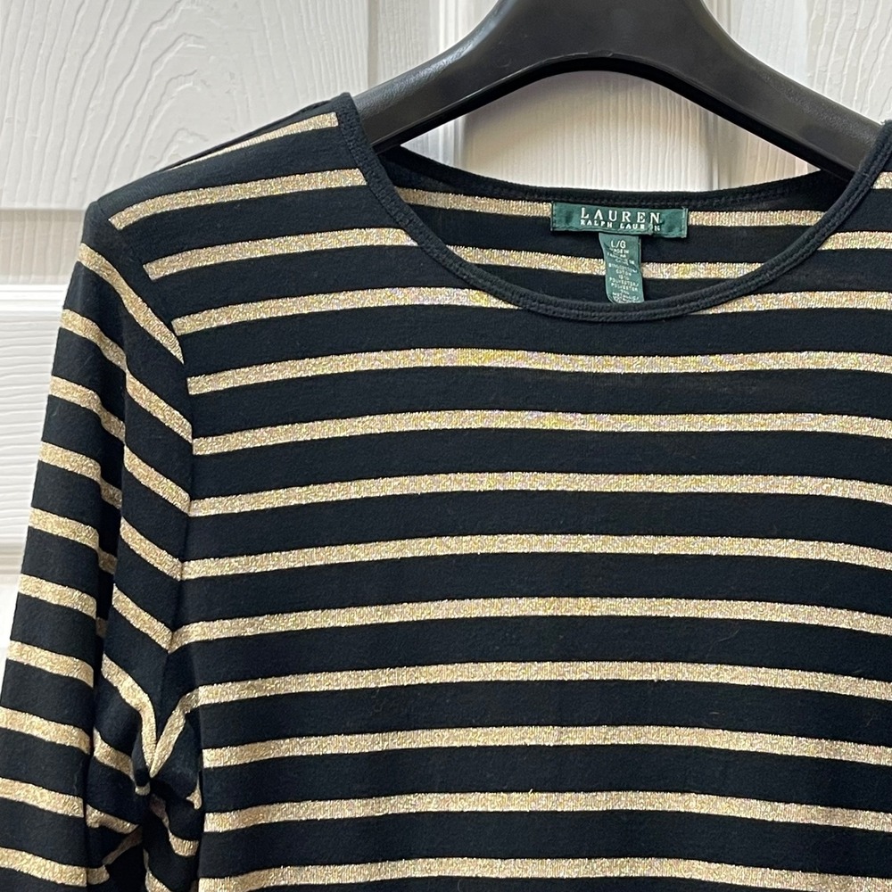 Lauren Ralph Lauren Sweater Women's Sz L Black Gold Striped Top Crewneck Shimmer